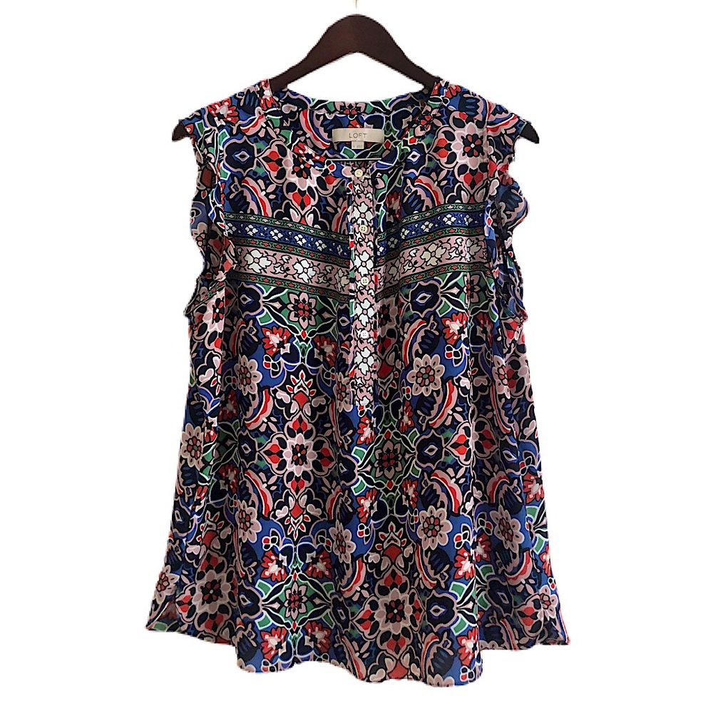 LOFT Fresh Navy Stained Glass Ruffle Henley Shirt